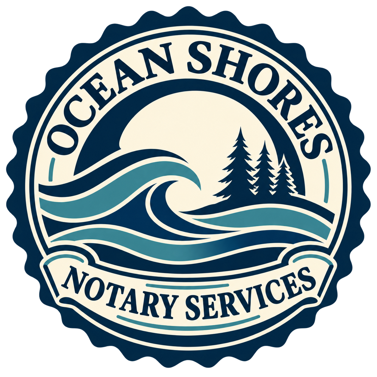 Ocean Shores Notary Services coastal seal with waves and evergreen trees